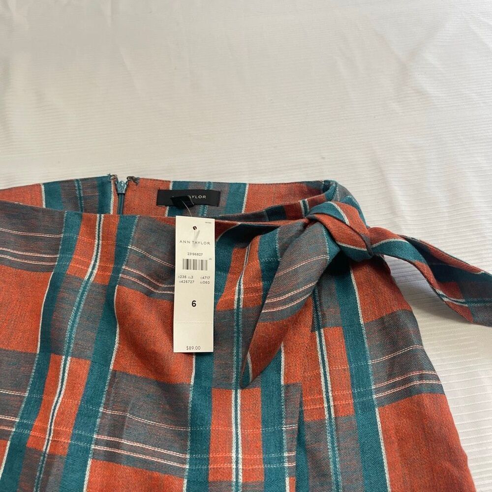 NWT Ann Taylor Plaid Linen Tie Wrap Blue Orange Skirt Size 6 New - Picture 2 of 8